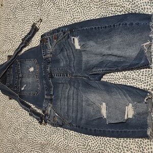 Women's Distressed Denim Overalls Waist 17in Inseam 10in